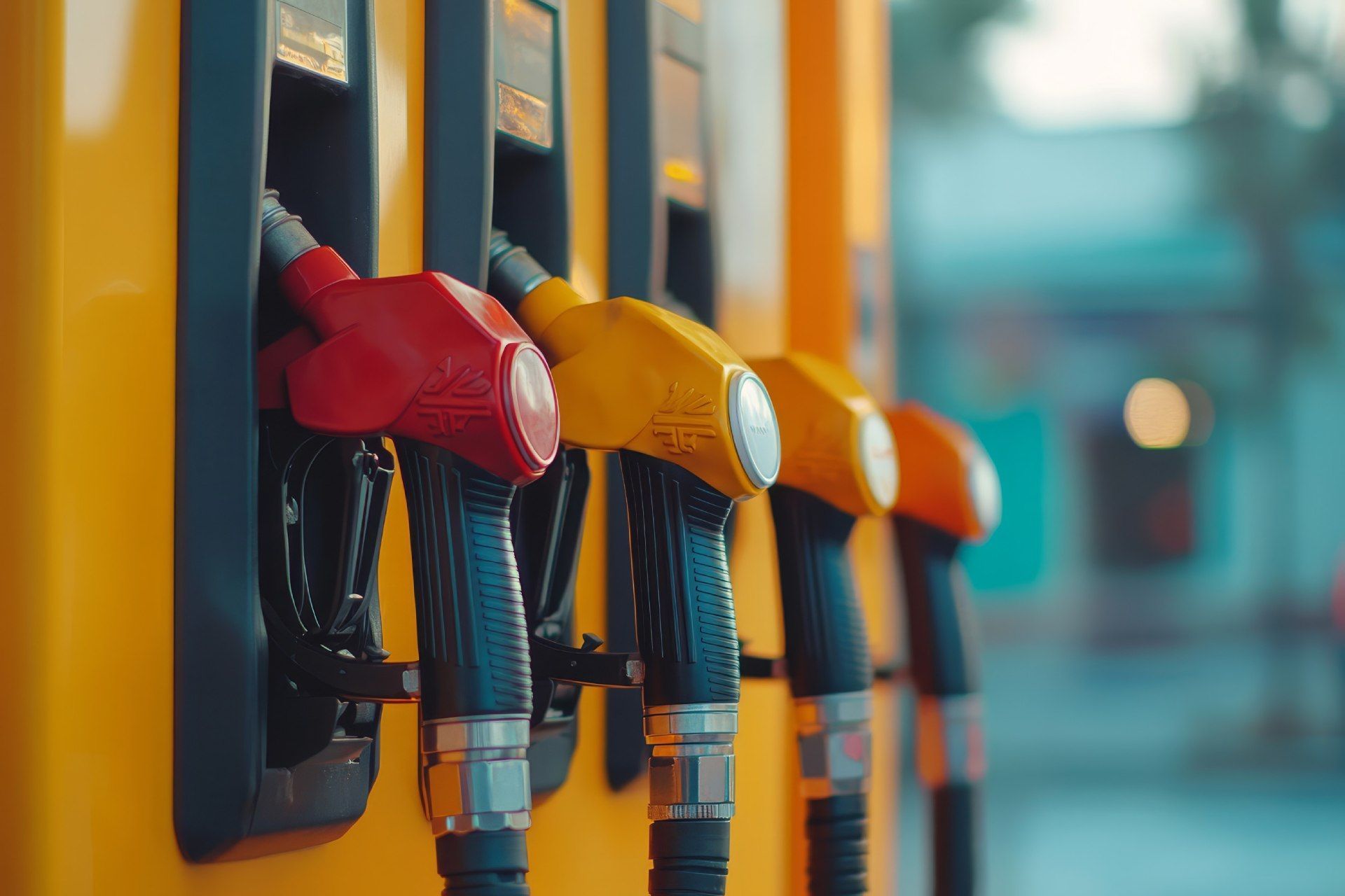 Boquillas de combustible con mangos de diferentes colores, alineadas en una bomba de gasolina.