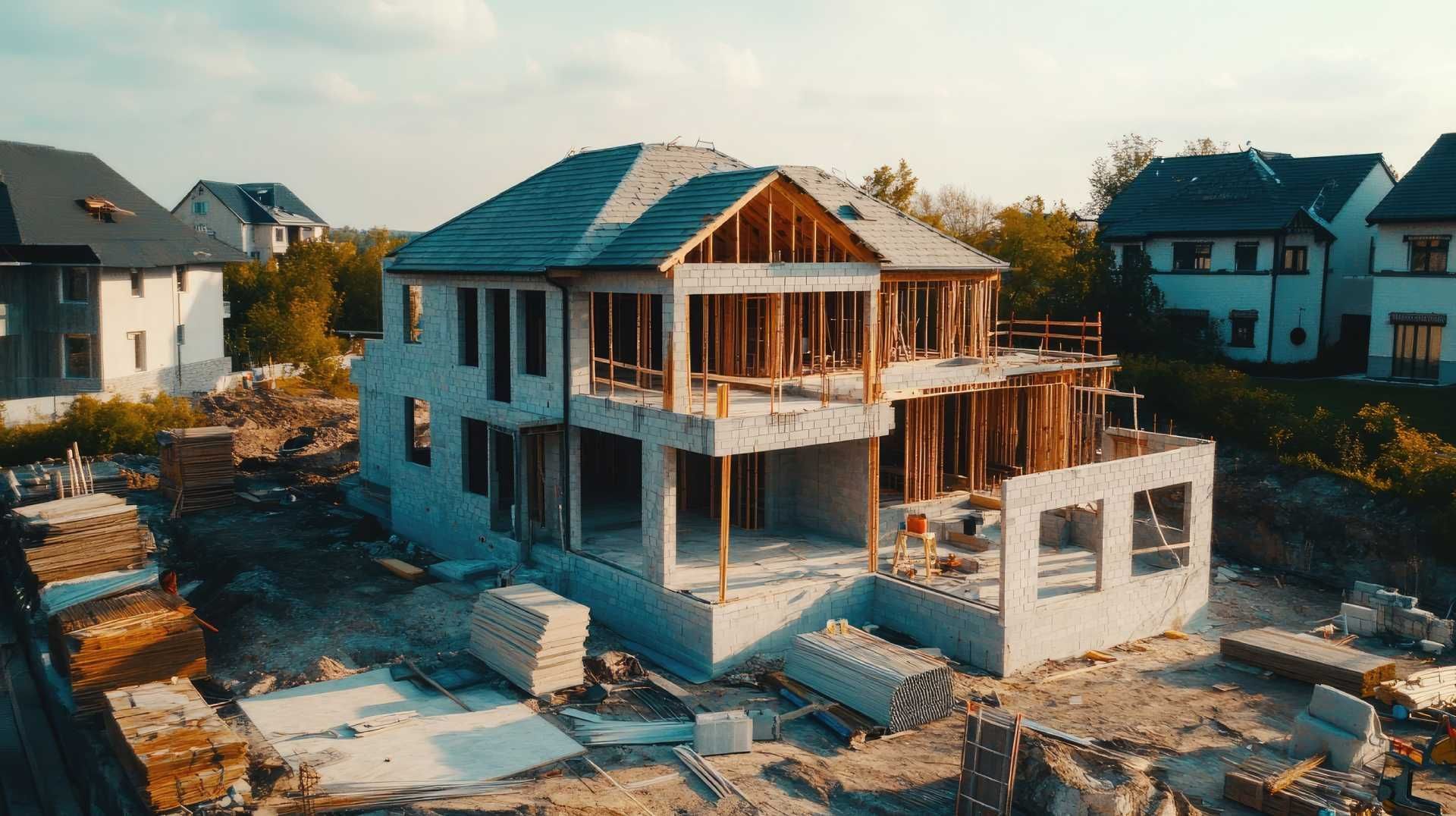 Construcción de una casa de dos pisos con estructura de madera y paredes de hormigón; los materiales de construcción están en primer plano.