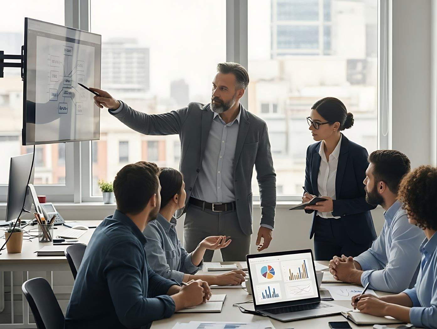 Equipo de negocios en una reunión, un hombre presentando datos en la pantalla, otros sentados a la mesa con una computadora portátil, entorno de oficina luminoso.