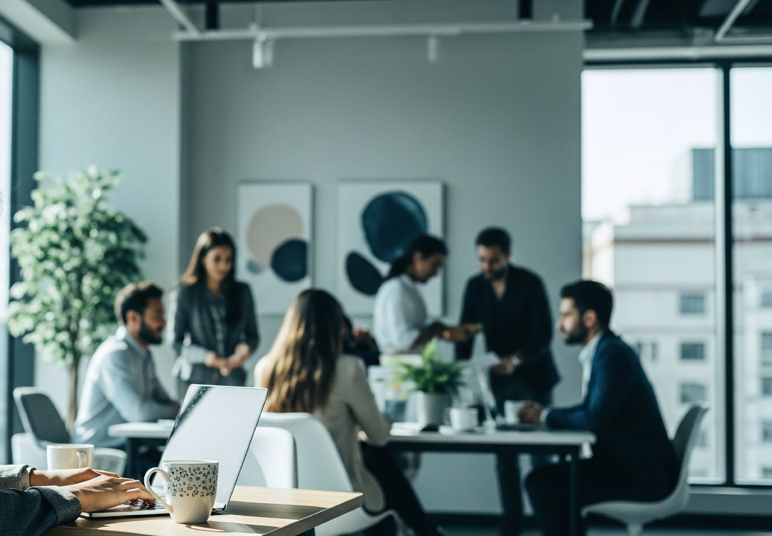 Reunión de oficina borrosa con gente reunida alrededor de una mesa y junto a una ventana.