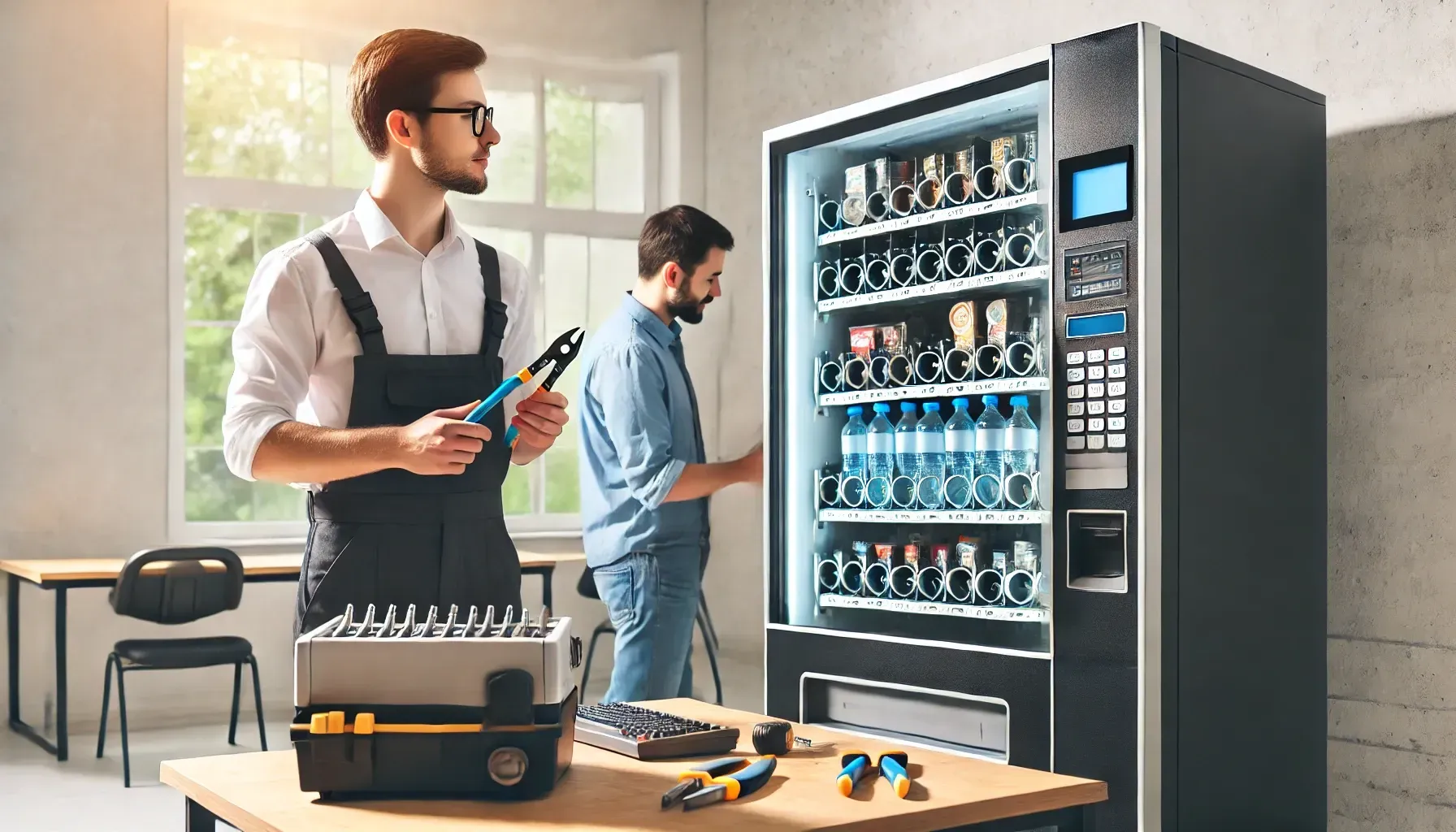 Due uomini stanno lavorando a un distributore automatico in una stanza.