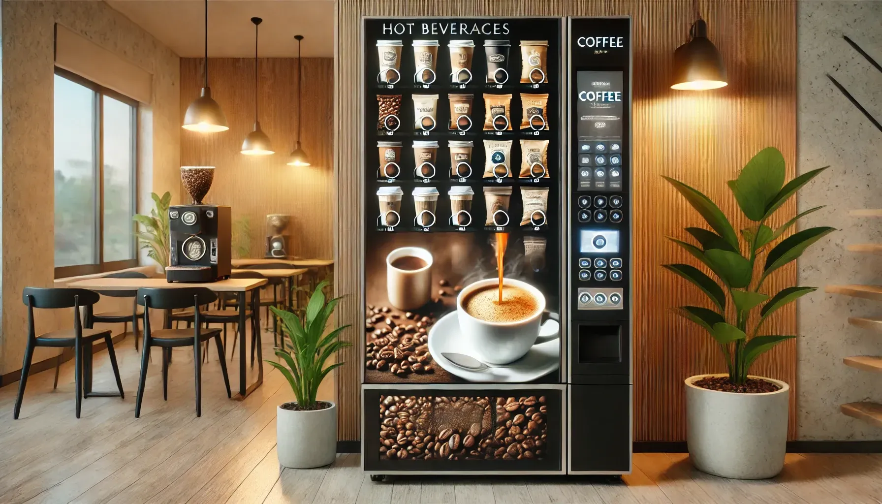 Un distributore automatico di caffè è posizionato in una stanza accanto a un tavolo e delle sedie.