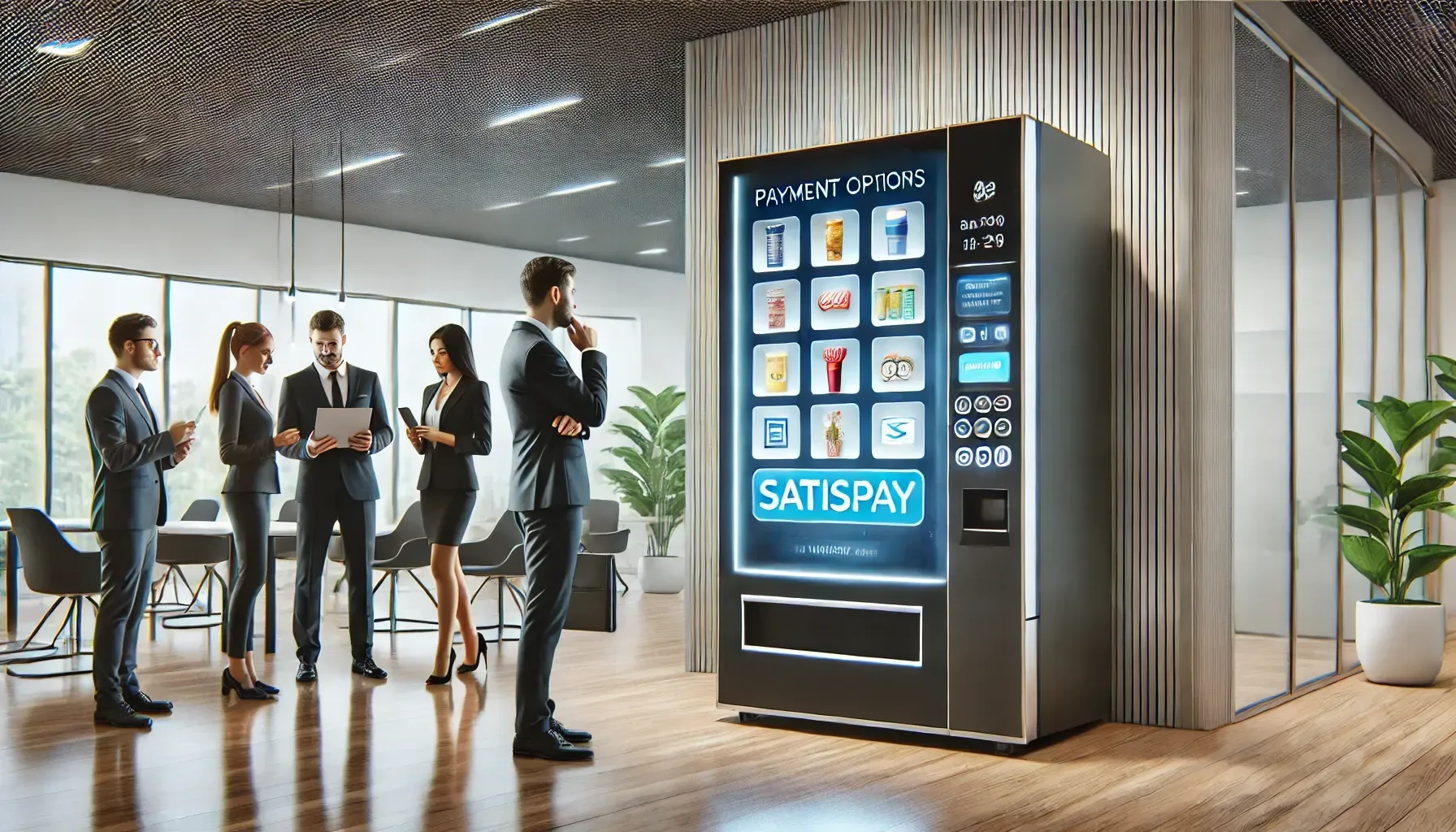 Un gruppo di persone è in piedi attorno a un distributore automatico in un ufficio.