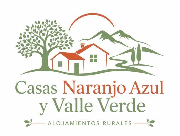 Logotipo de Casas Naranjo Azul y Valle Verde, alojamiento rural con &aacute;rbol, casa y monta&ntilde;as.
