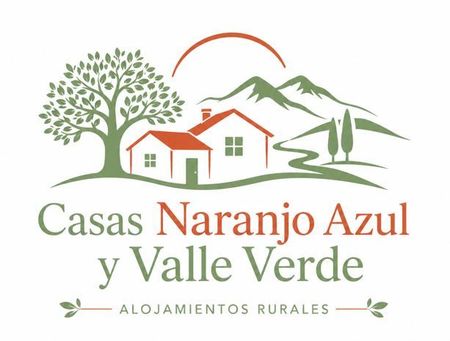 Logotipo de Casas Naranjo Azul y Valle Verde, alojamiento rural con &aacute;rbol, casa y monta&ntilde;as.