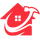 Icône de maison rouge avec un marteau incurvé formant un cercle partiel.