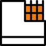 Ein schwarz-orangefarbenes Symbol eines Fensters mit orangefarbenen Quadraten auf weißem Hintergrund.