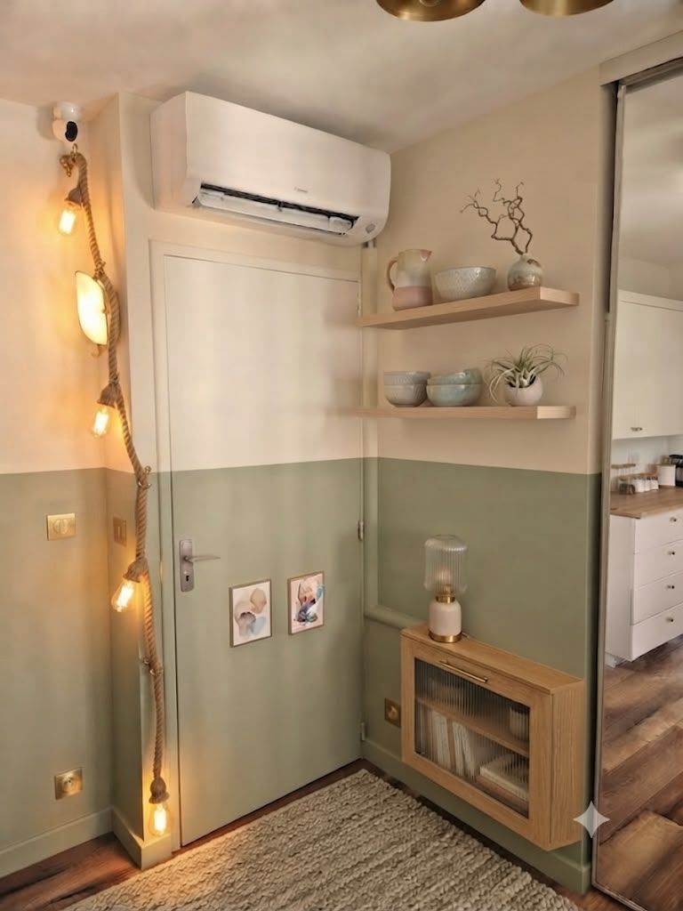 Coin cosy avec climatisation murale, étagères, guirlandes lumineuses et armoire vitrée dans une pièce verte et crème