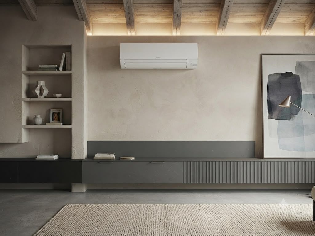 Salon moderne et minimaliste avec meuble TV mural, climatiseur et coin salon gris