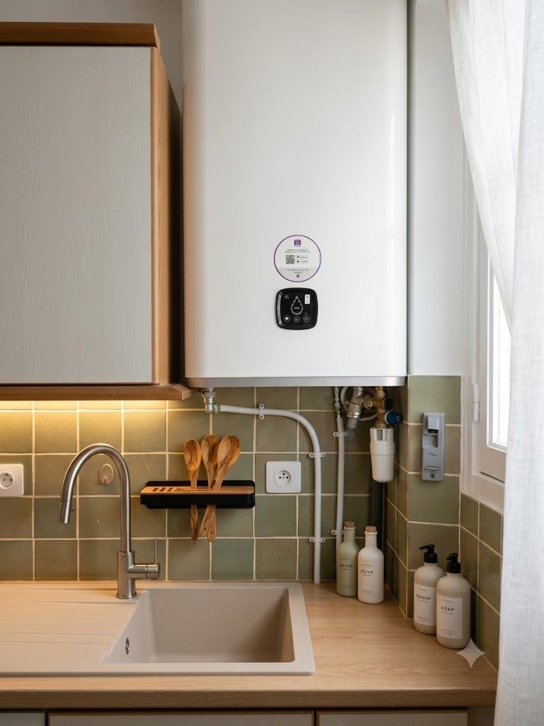 Évier de cuisine moderne avec comptoir en bois, crédence en carrelage vert et chauffe-eau mural blanc