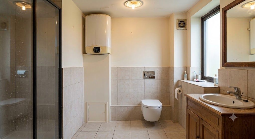 Salle de bains moderne avec carrelage beige, toilettes, lavabo, baignoire et grande fenêtre.