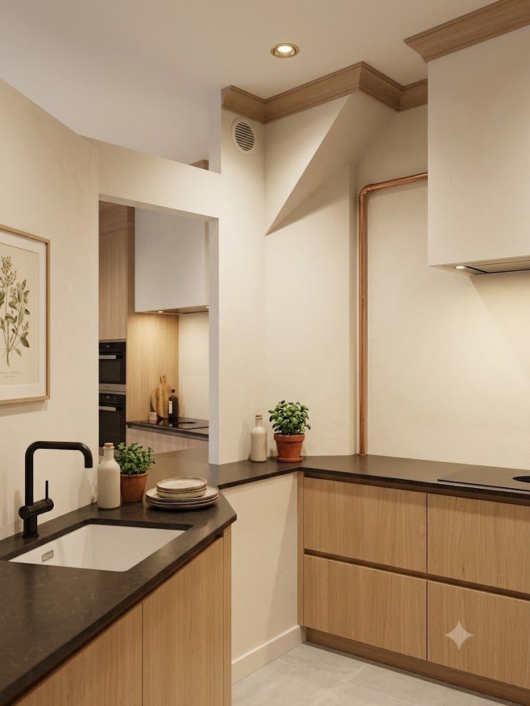 Cuisine moderne avec placards en bois clair, plans de travail foncés et robinet noir sur un petit évier.