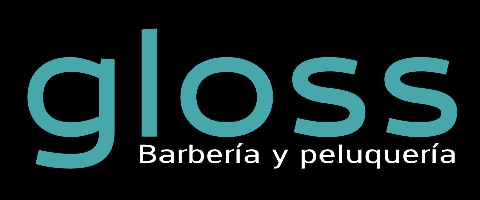 Logo de Gloss Barber&iacute;a y peluquer&iacute;a en turquesa y blanco sobre fondo negro