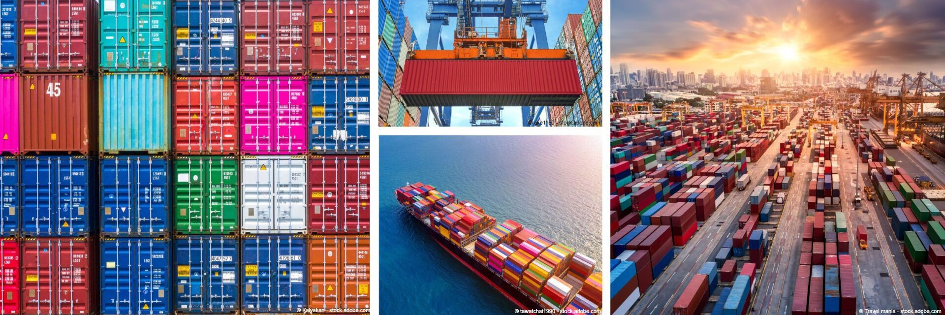 Versandcontainer, Frachtschiff und Kran in einem Hafen.