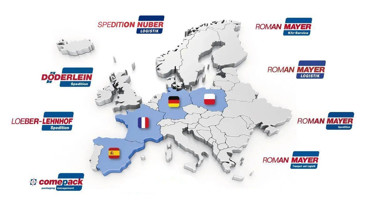 Europakarte mit hervorgehobenen Ländern mit Firmenlogos, blau gefärbten Regionen, Flaggen und Namen.