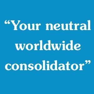 Texto branco sobre fundo azul: “Seu consolidador neutro mundial.”