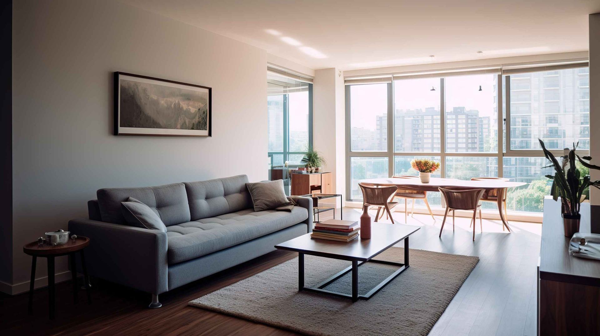 Sala de estar con sofá gris, mesa de centro, alfombra, mesa de comedor junto a grandes ventanales, vista a la ciudad.