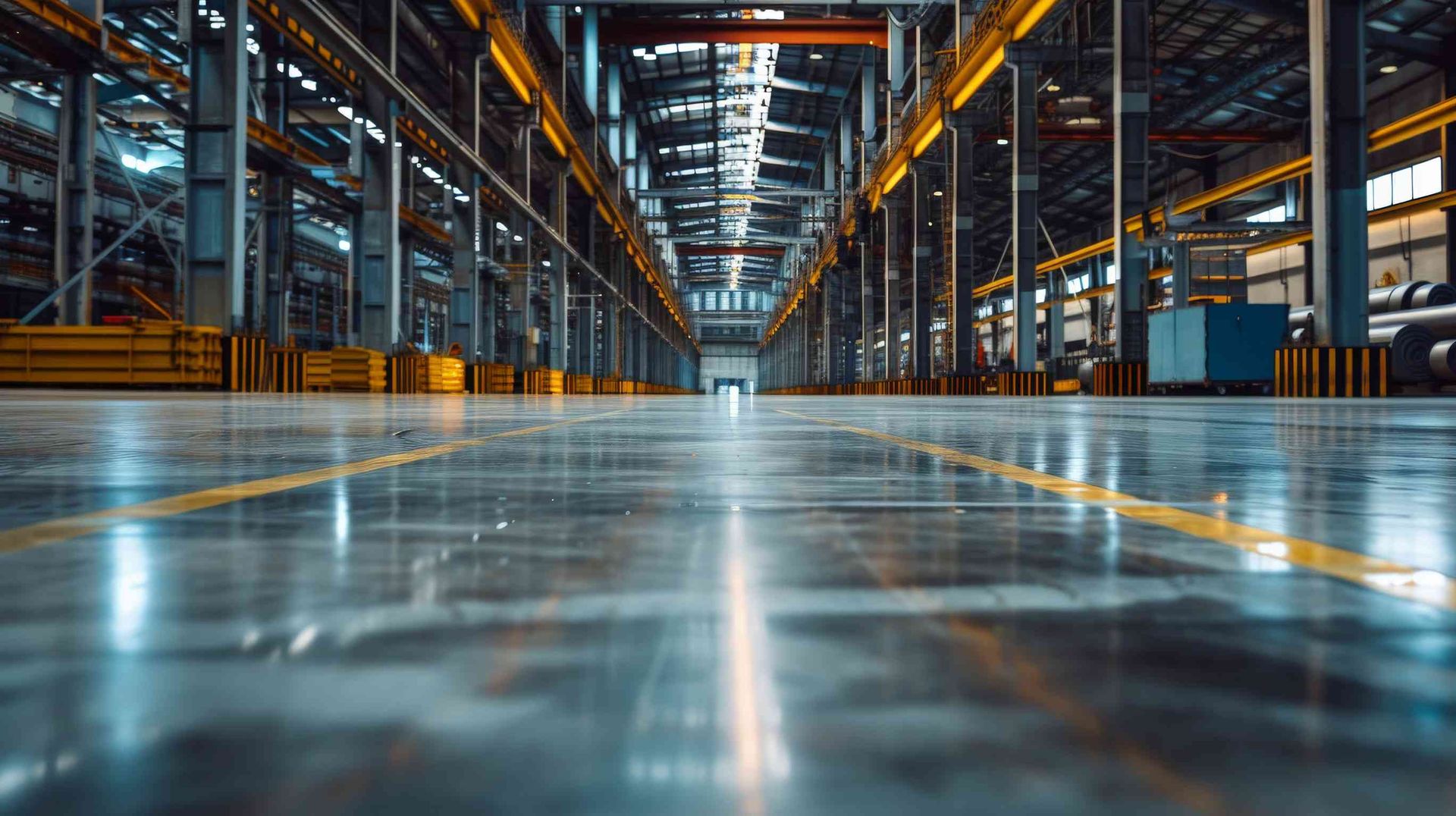 Piso de fábrica industrial brillante con líneas amarillas, vigas de metal y un techo brillante.