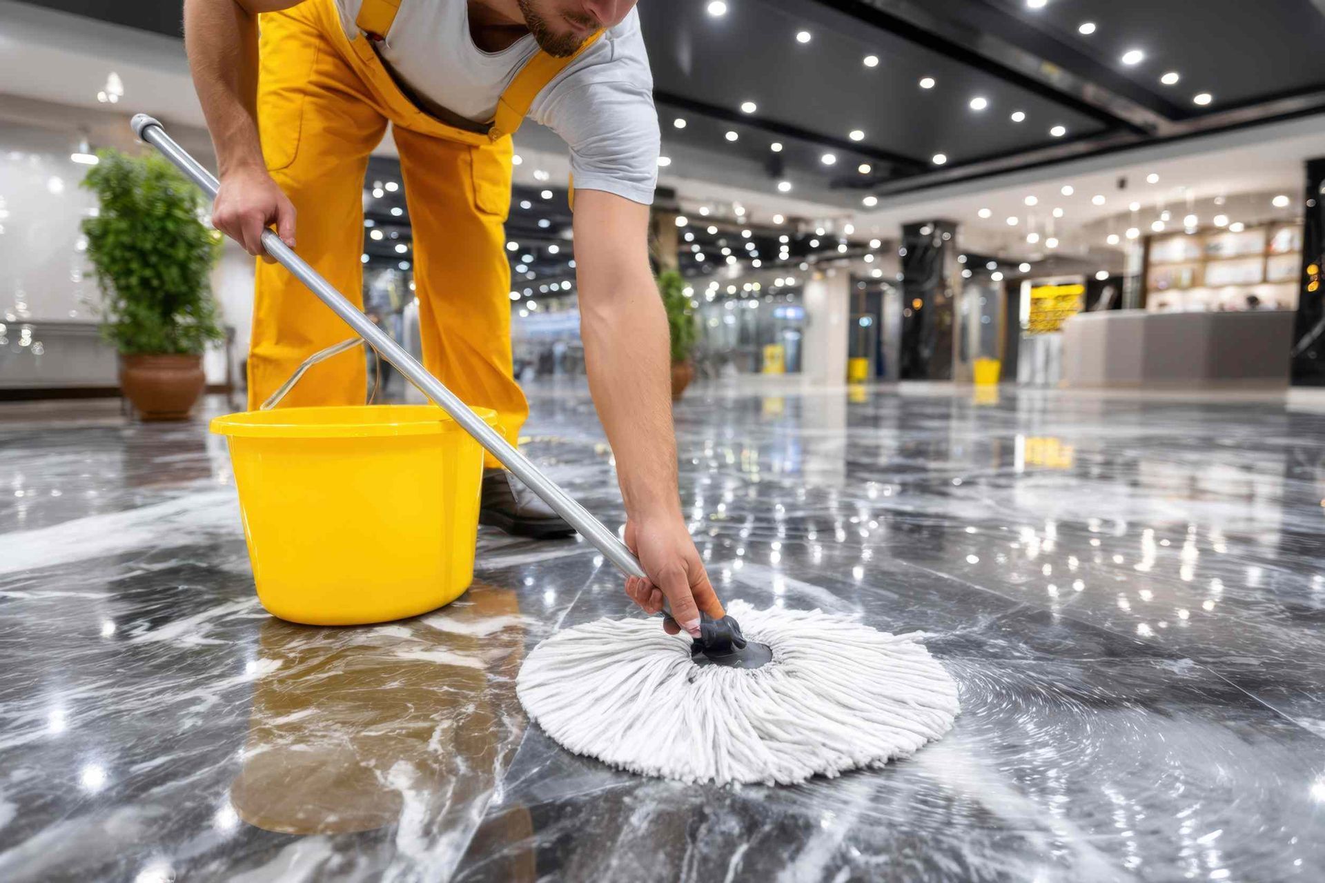 Persona fregando un piso grande y brillante en un edificio. Usa una fregona y un cubo amarillo.