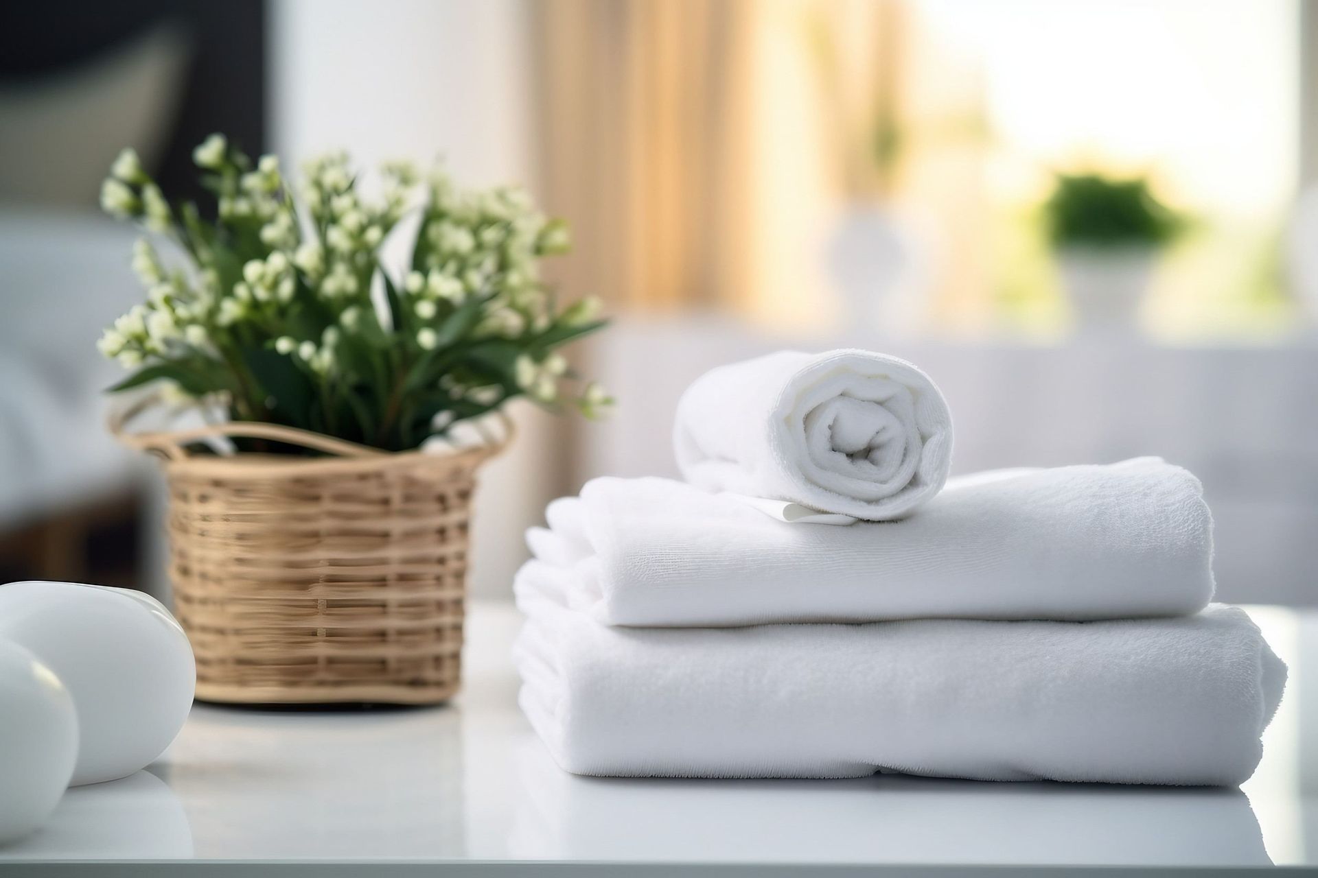 Toallas blancas dobladas apiladas, con una toalla enrollada encima, sobre una mesa blanca. Cerca hay una maceta.