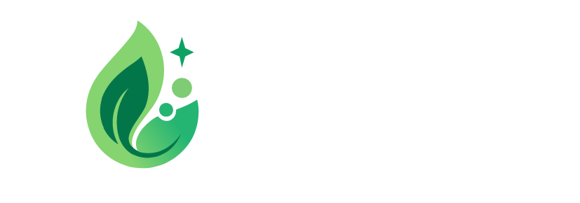 Logotipo de una casa dentro de una gota de agua con hojas y burbujas. Colores degradados verde y azul.