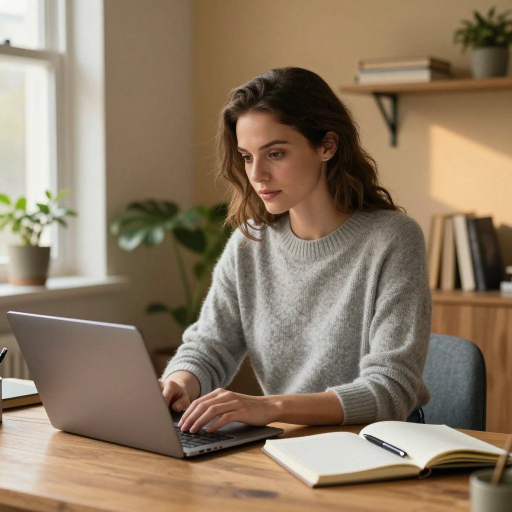 Eine Person in einem grauen Pullover arbeitet an einem Laptop an einem Holzschreibtisch; neben ihr stehen ein Notizbuch und Pflanzen.