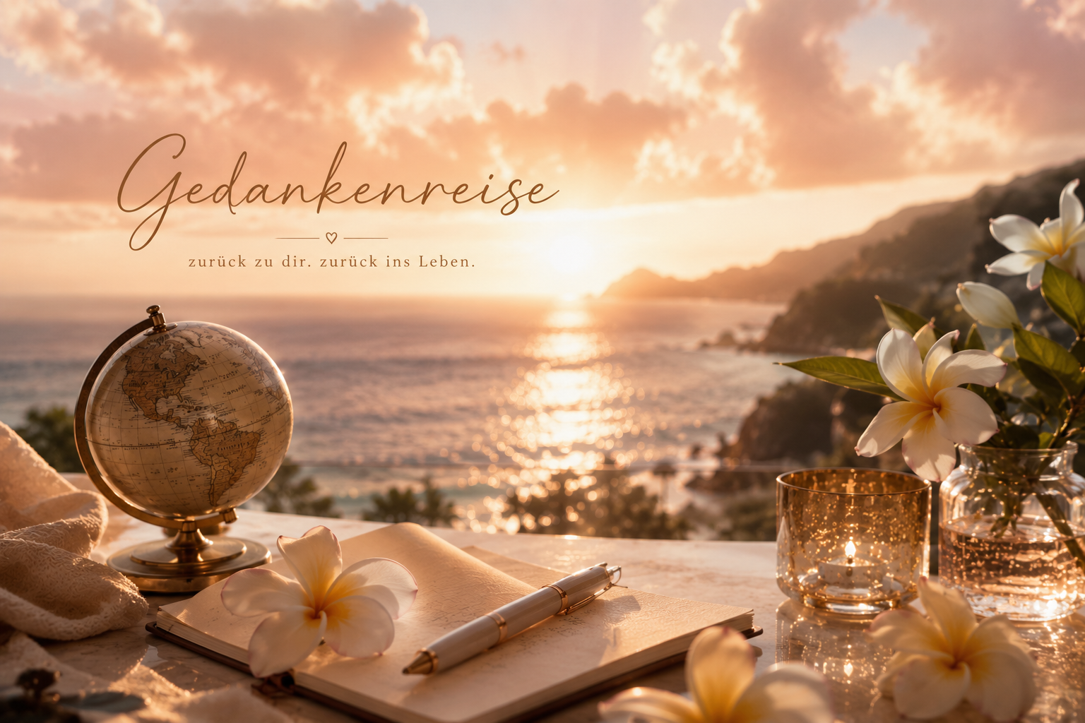 Sunset beach still life with globe, flowers, candle, and notebook on a wooden table