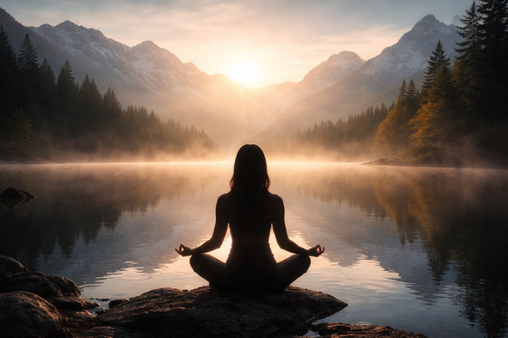 Silhouette meditiert am nebligen Bergsee bei Sonnenaufgang