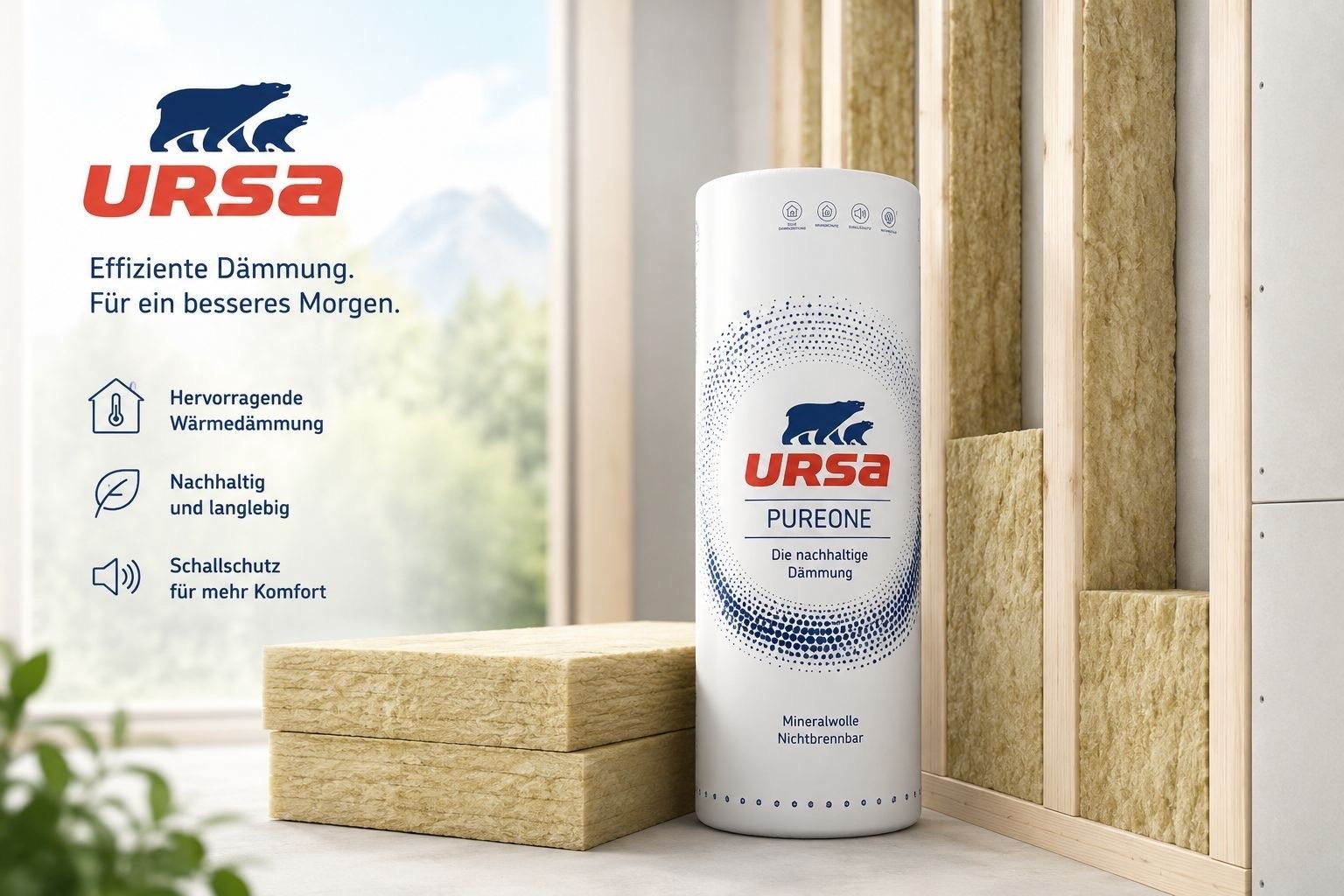 URSA-Dämmstoffrollen URSA-Dämmstoffrollen neben einer Wandkonstruktion mit URSA-Logo und Produktverpackung auf hellem Hintergrund