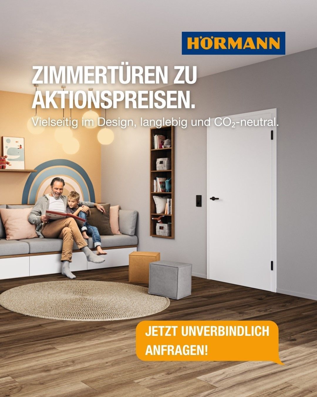 Werbeanzeige für weiße Zimmertüren im modernen Wohnzimmer, mit orangefarbener Kontakt-Schaltfläche