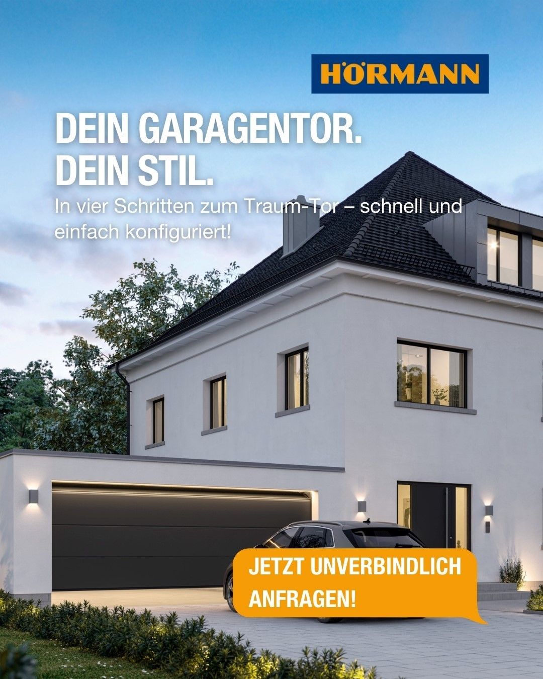 Werbeanzeige für Hörmann-Garagentor an modernem weißen Haus mit gelbem „Jetzt unverbindlich anfragen!“-Button