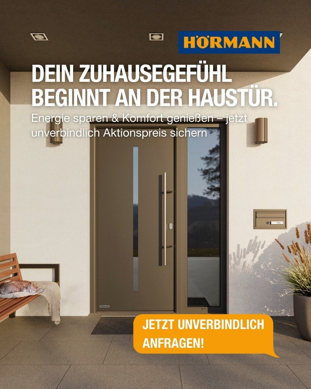 Hörmann Haus- und Haustür-Werbung mit moderner Eingangstür und orangefarbenem Call-to-Action-Banner