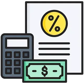 Una calculadora, un billete de dólar y un trozo de papel con un signo de porcentaje.