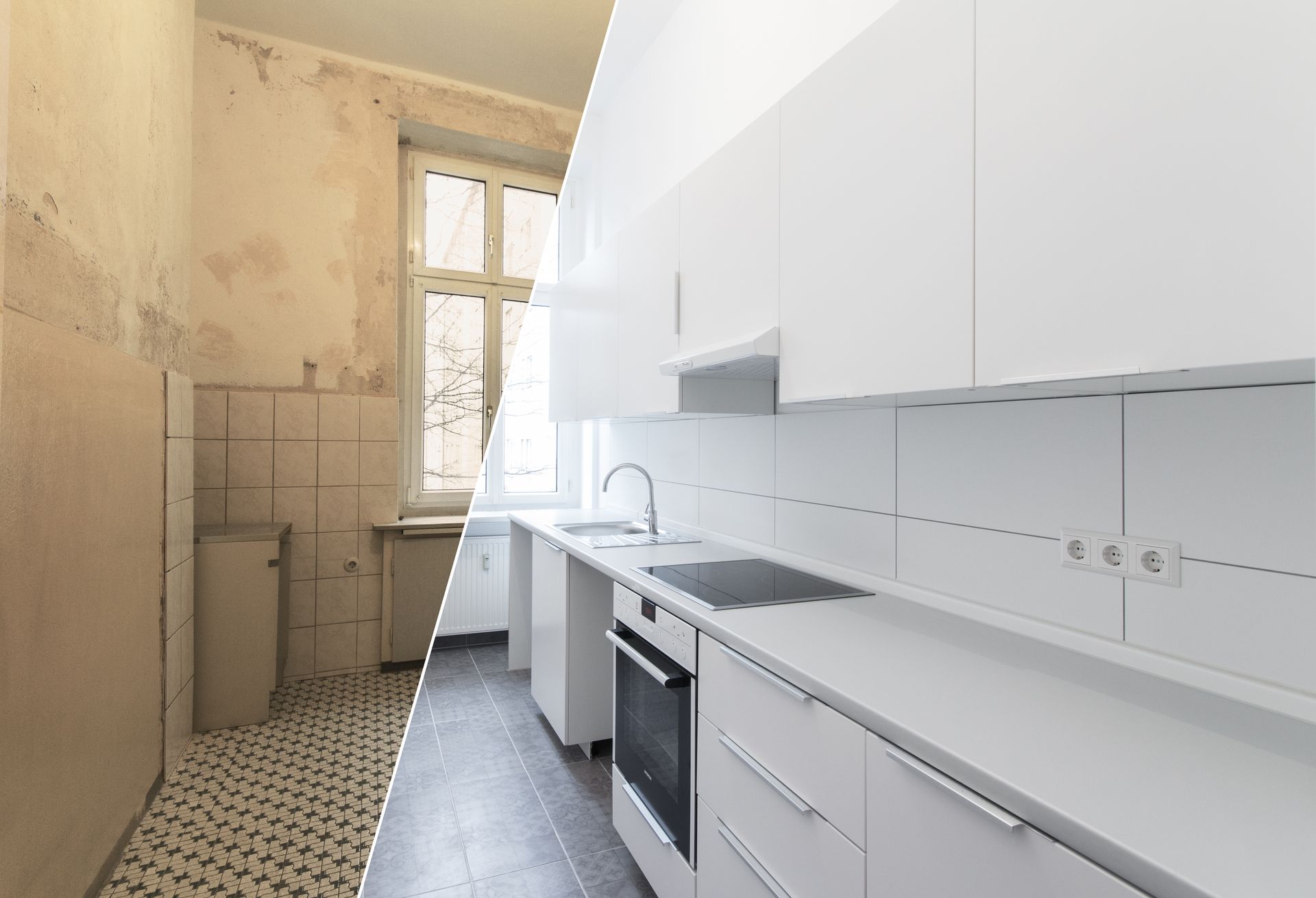 Vue avant et après d'une cuisine en cours de rénovation