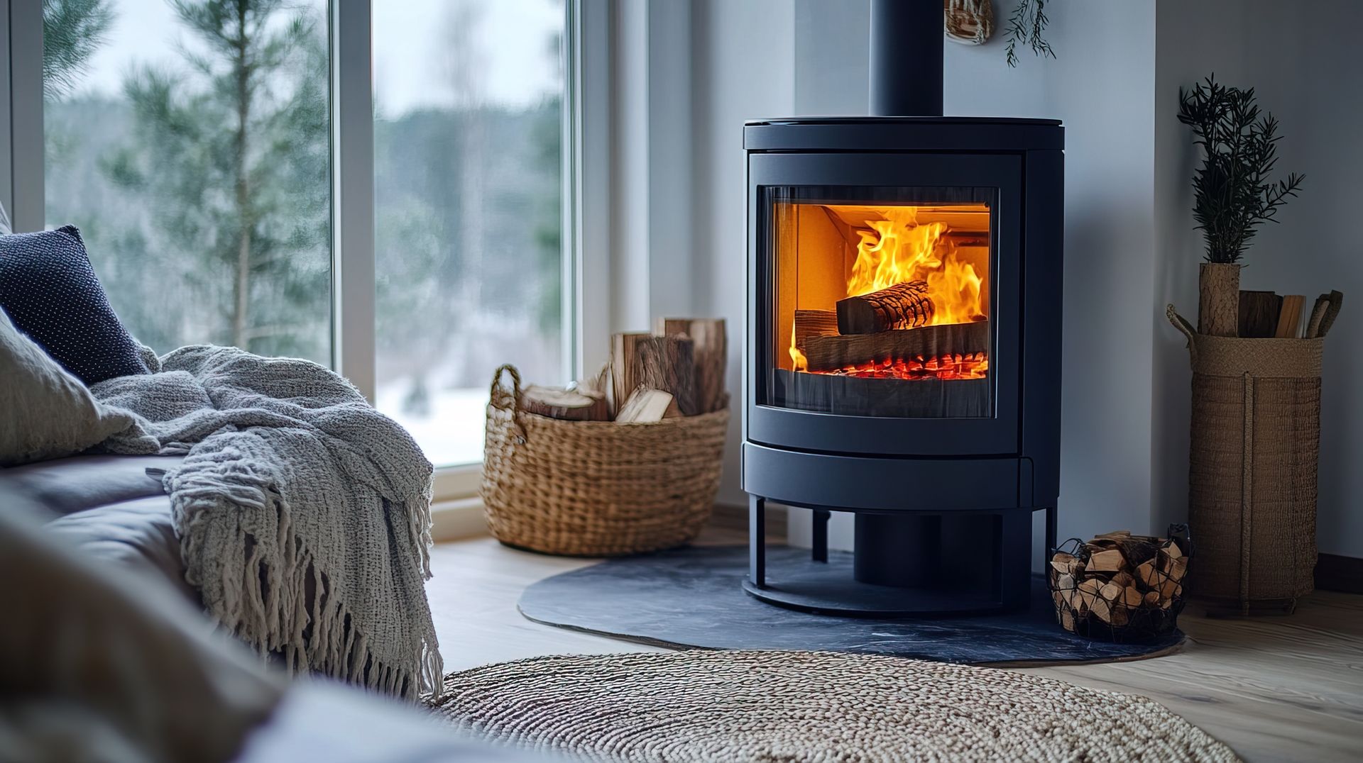 Salon chaleureux avec cheminée allumée, neige à l'extérieur et panier à bois au sol.