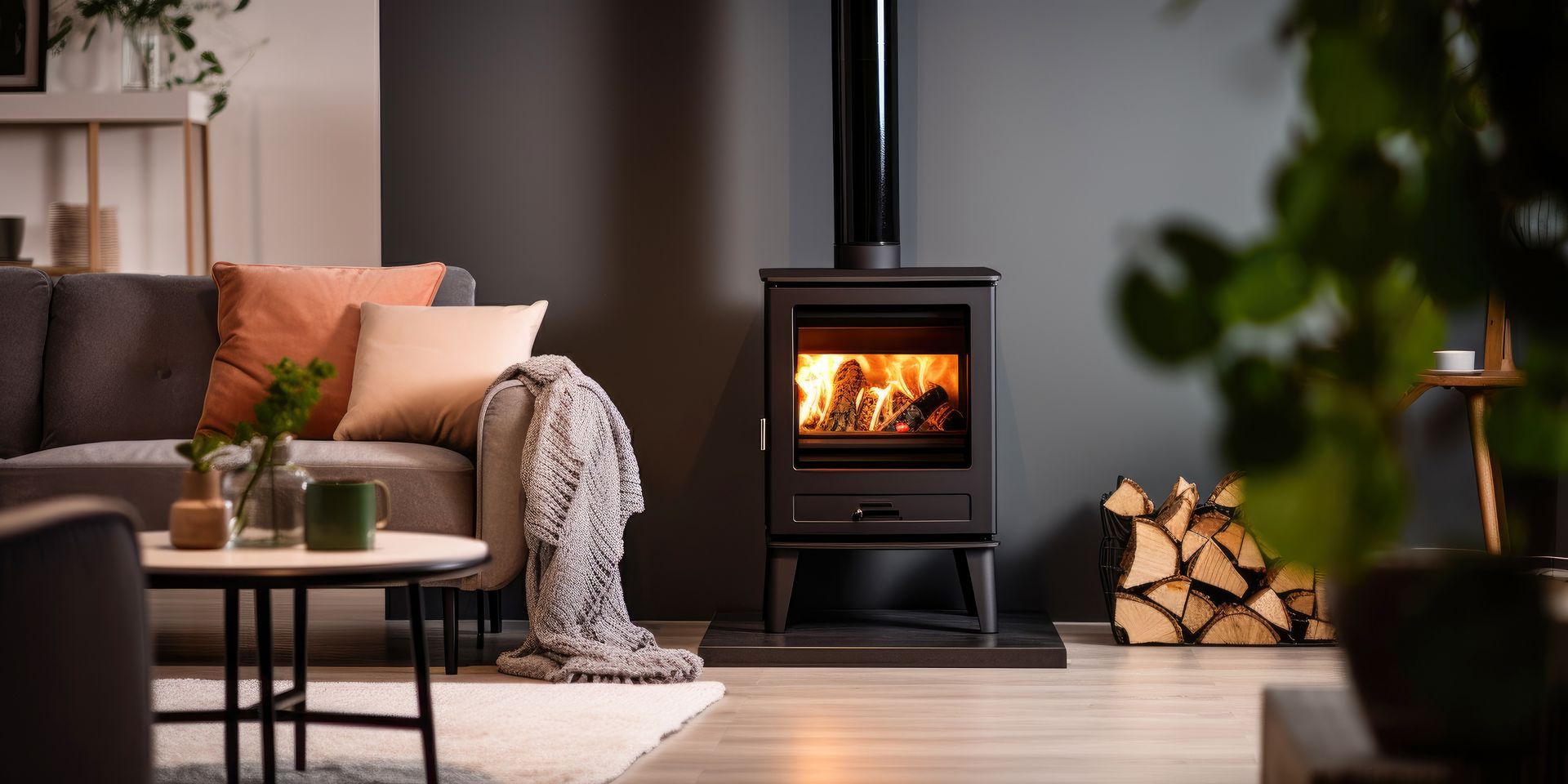 Un salon chaleureux avec une cheminée allumée, des murs gris foncé et un canapé gris agrémenté de coussins orange et pêche.