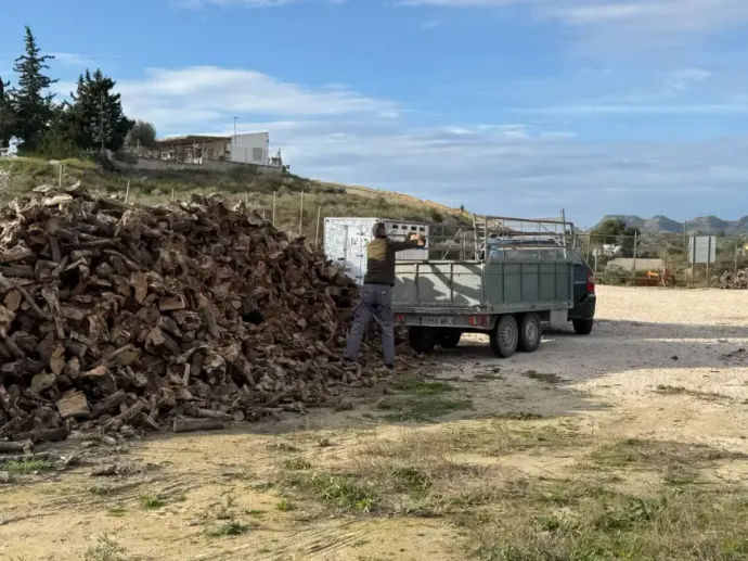 Un trabajador carga un camión con una gran pila de ramas cortadas junto a un camino de tierra bajo un cielo azul.
