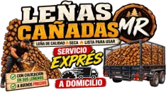 Logo promocional de le&ntilde;a &ldquo;Le&ntilde;as Ca&ntilde;adas MR&rdquo; con &ldquo;Servicio expr&eacute;s a domicilio&rdquo; y cami&oacute;n cargado de madera