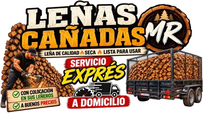 Logo promocional de le&ntilde;a &ldquo;Le&ntilde;as Ca&ntilde;adas MR&rdquo; con &ldquo;Servicio expr&eacute;s a domicilio&rdquo; y cami&oacute;n cargado de madera