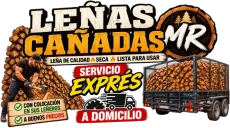 Logo promocional de le&ntilde;a &ldquo;Le&ntilde;as Ca&ntilde;adas MR&rdquo; con &ldquo;Servicio expr&eacute;s a domicilio&rdquo; y cami&oacute;n cargado de madera