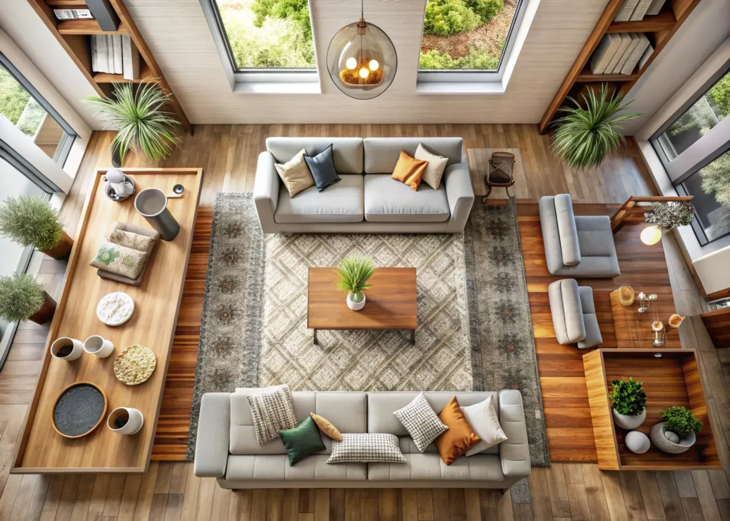 Una vista aérea de una sala de estar llena de muebles y plantas.