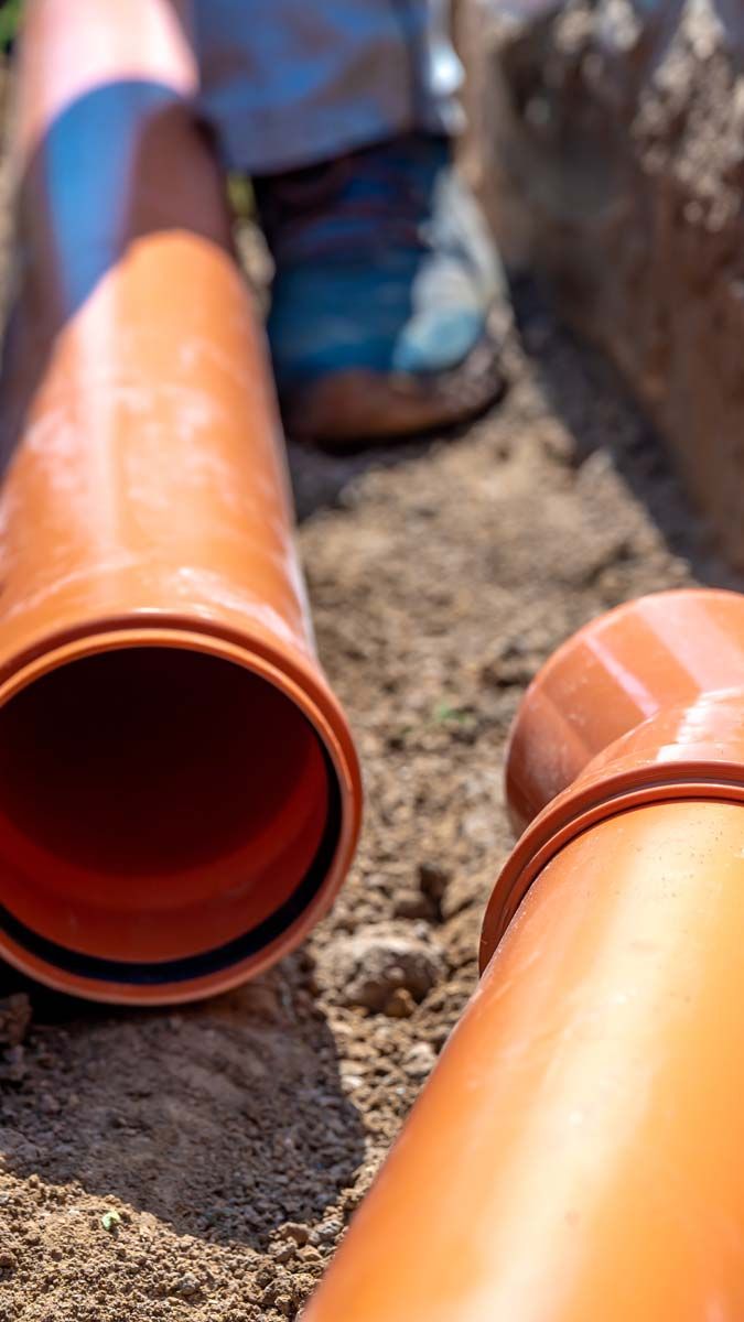Des tuyaux en PVC orange dans une tranchée, à côté des pieds de quelqu'un.
