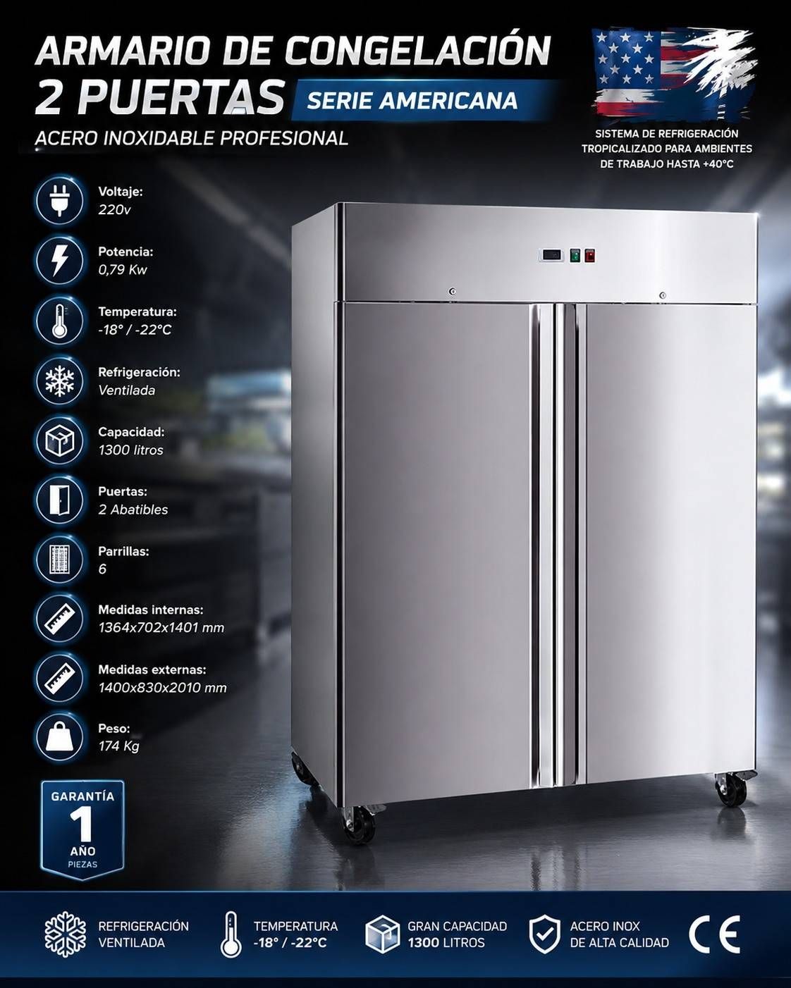 Congelador de doble puerta de acero inoxidable con especificaciones del producto e iconos en un póster promocional oscuro.