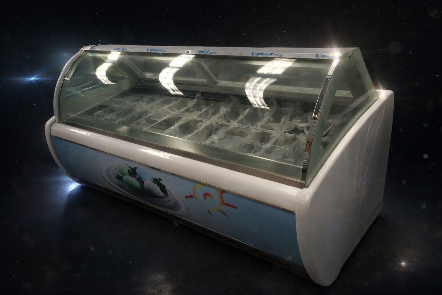 Vitrina refrigerada de cristal para postres con tapa curvada y laterales blancos.