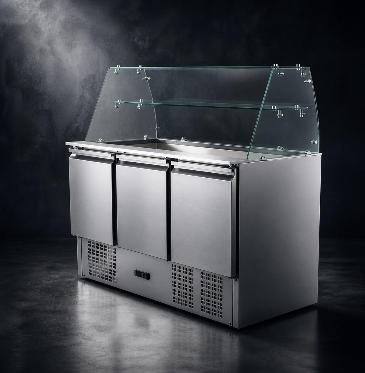 Vitrina de acero inoxidable para charcutería con protector de cristal contra estornudos sobre un fondo de estudio oscuro.