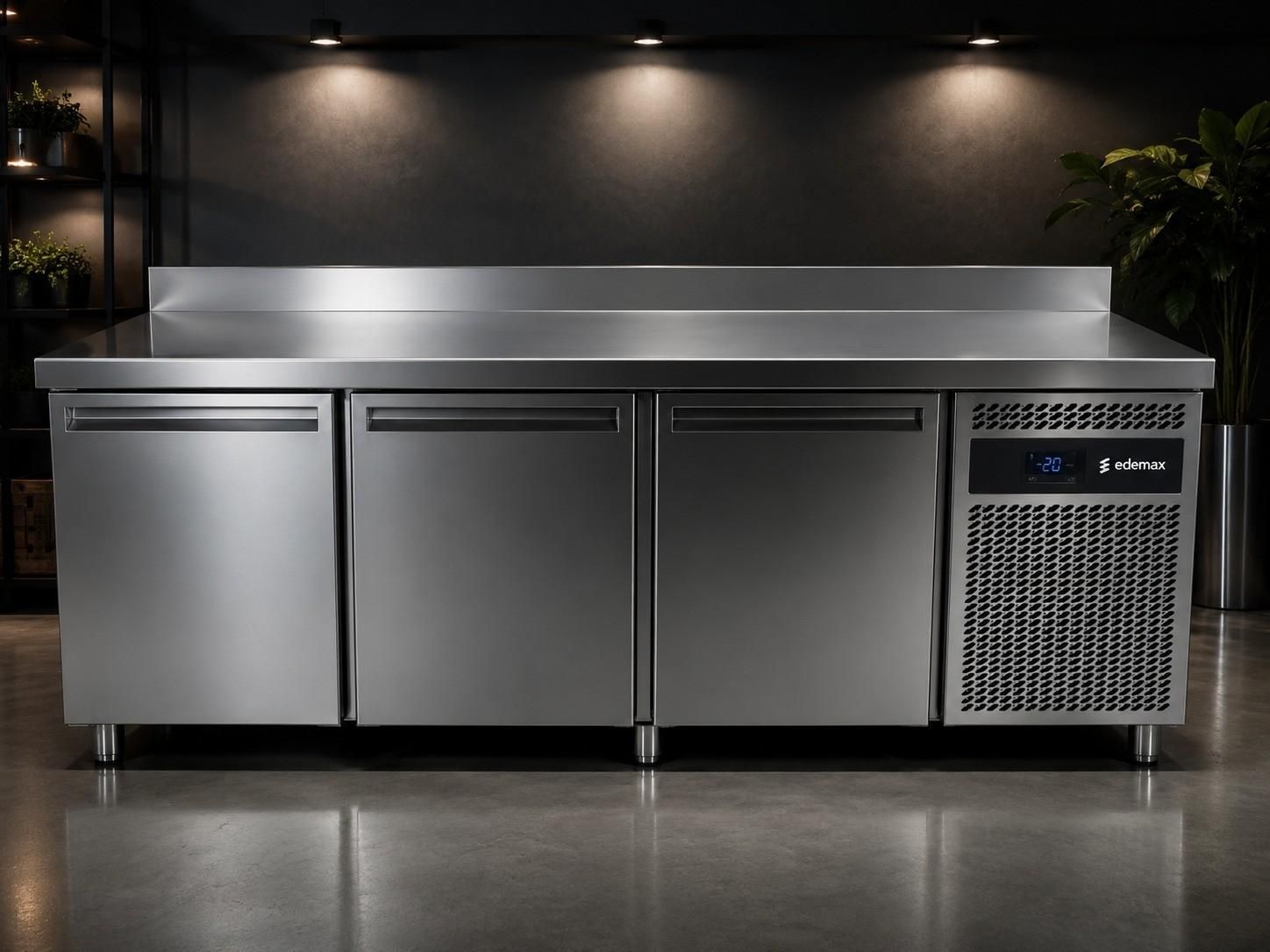 Mostrador de preparación de cocina comercial de acero inoxidable con refrigerador y vitrina bajo mostrador