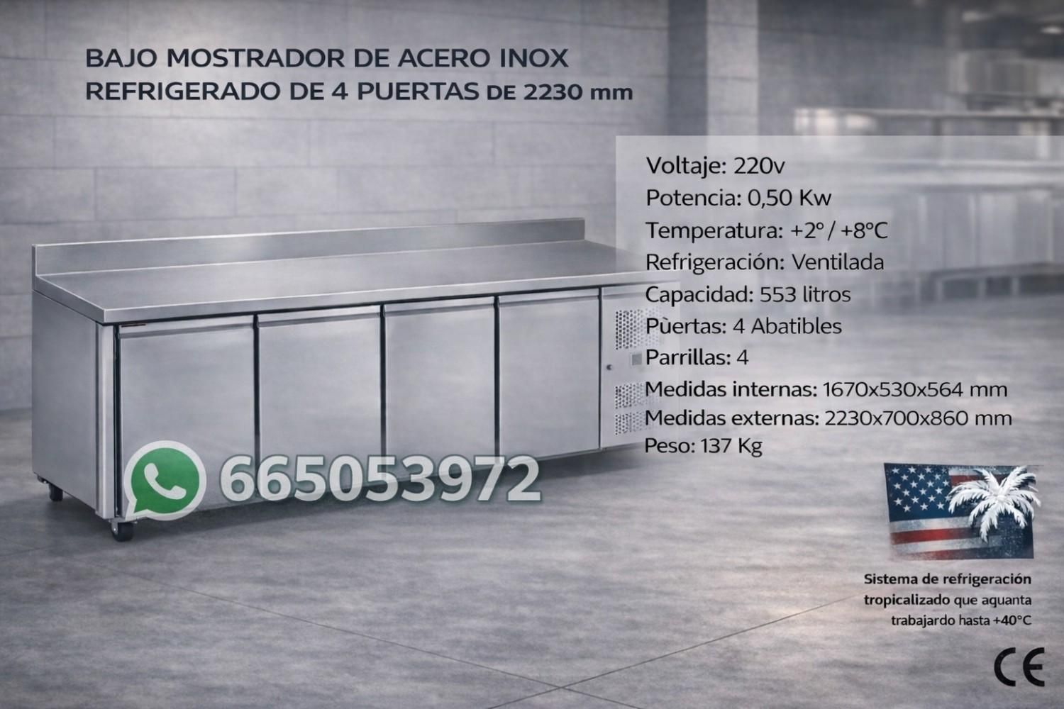 Mostrador refrigerado de acero inoxidable de 4 puertas con especificaciones y texto de contacto de WhatsApp.