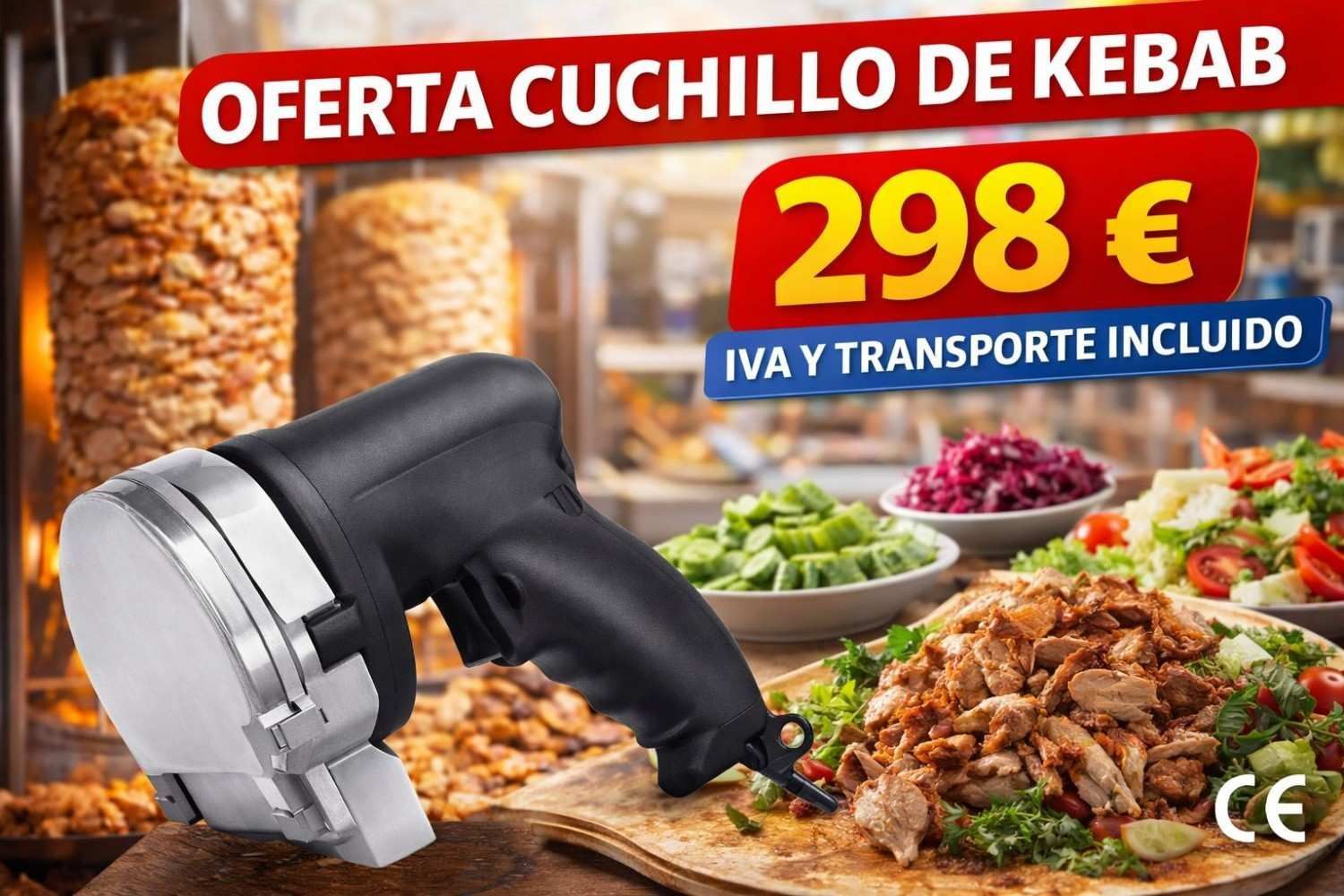 Oferta de cuchillo de kebab con precio de 298 € e IVA y transporte incluido, junto a comida preparada