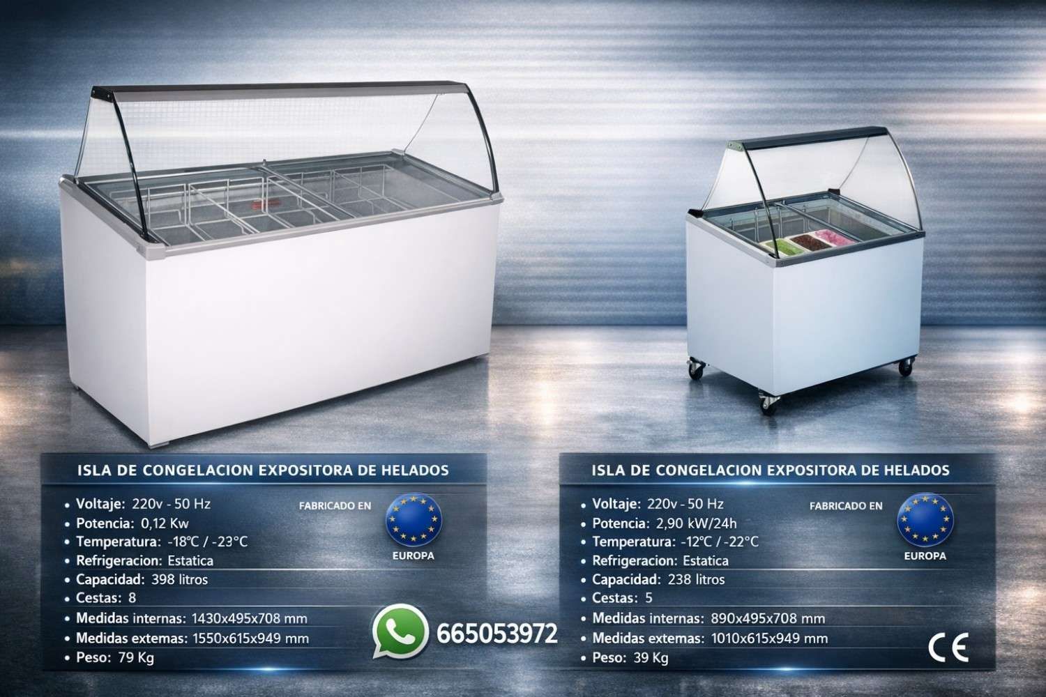 Dos congeladores comerciales blancos para helados con tapas de cristal, mostrados en el diseño de un catálogo de productos.