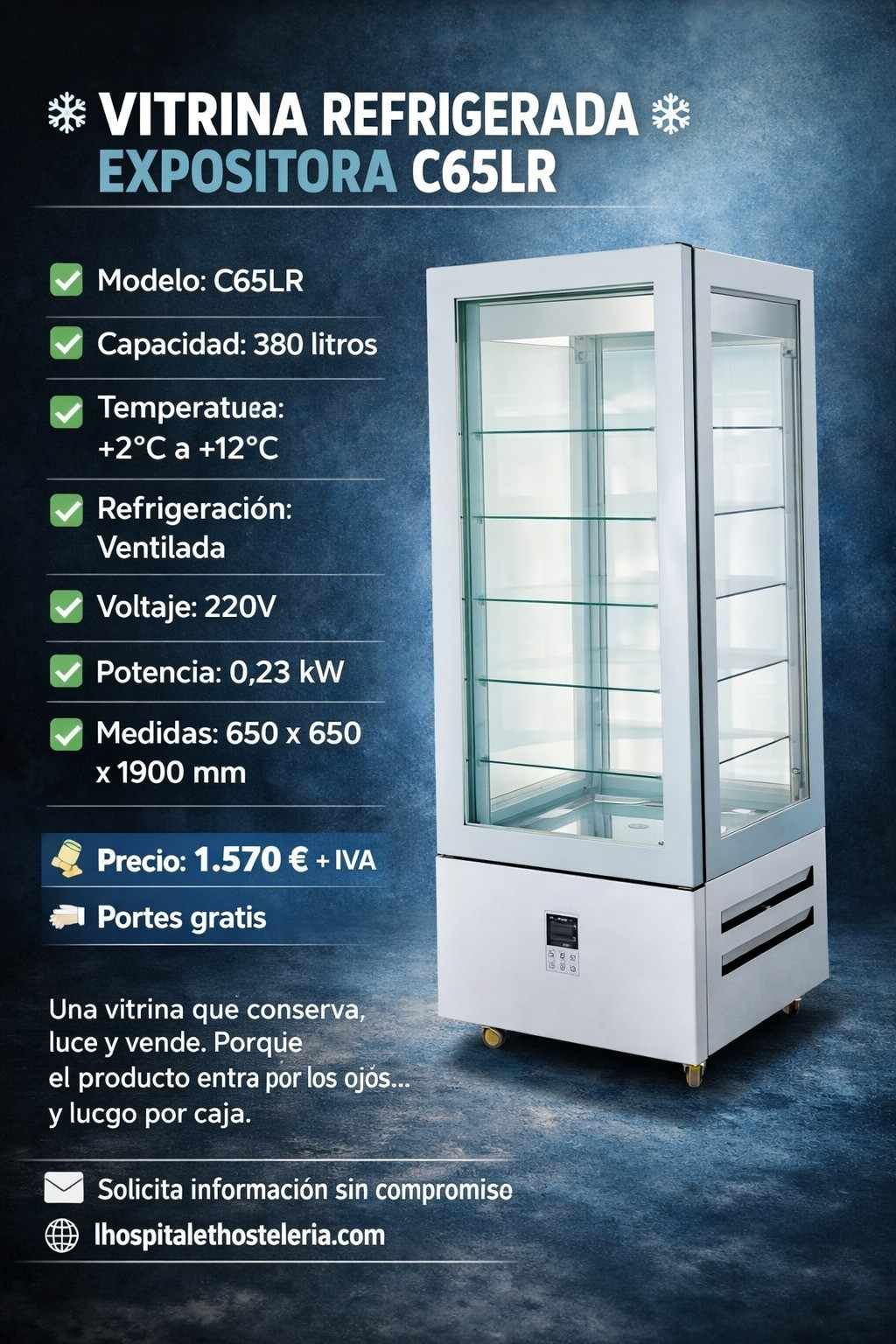 Vitrina refrigerada blanca de vidrio con puertas, en fondo azul, con lista de especificaciones y precio.